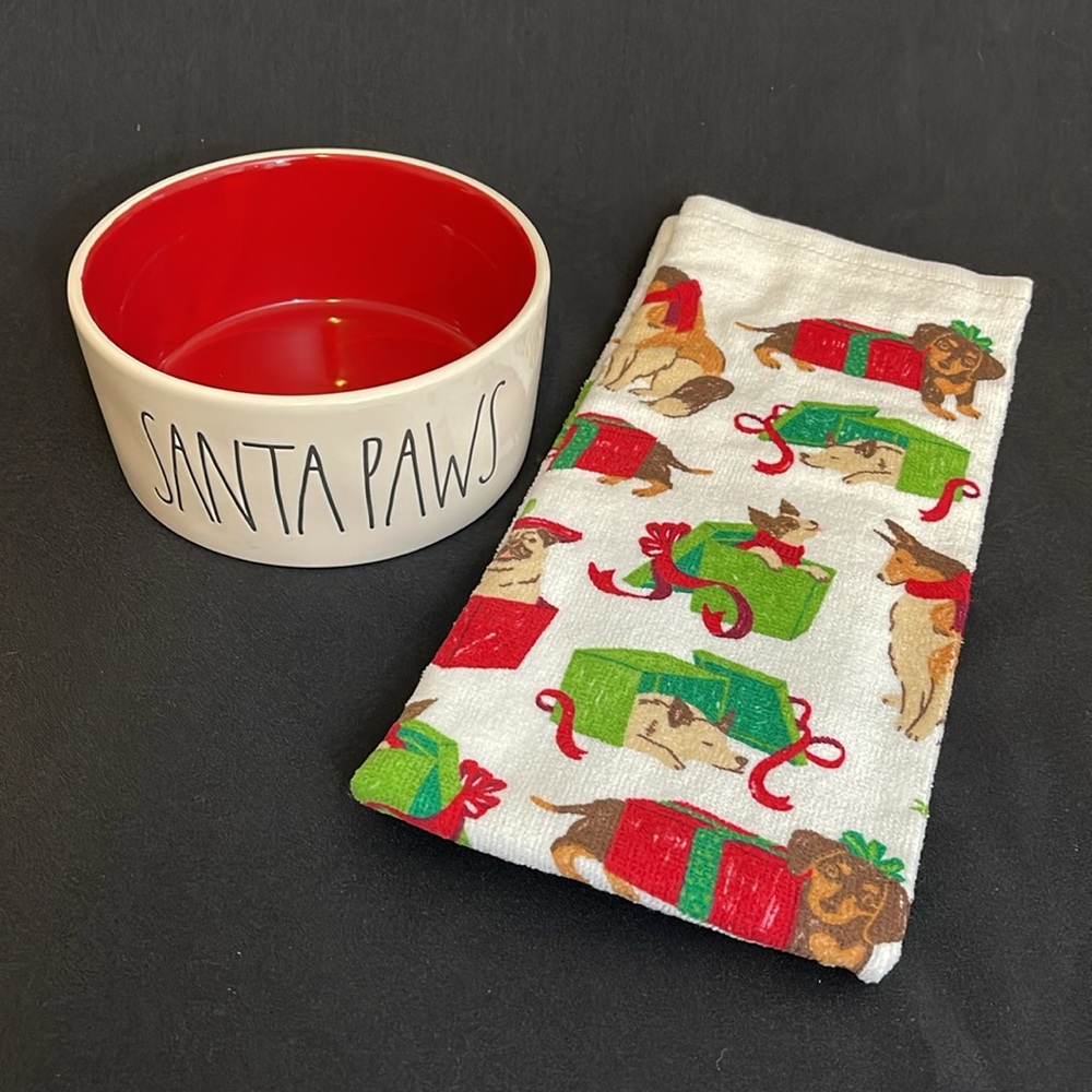💸 Santa Paws Food/Water Bowl and Christmas Dog themed Kitchen Towel